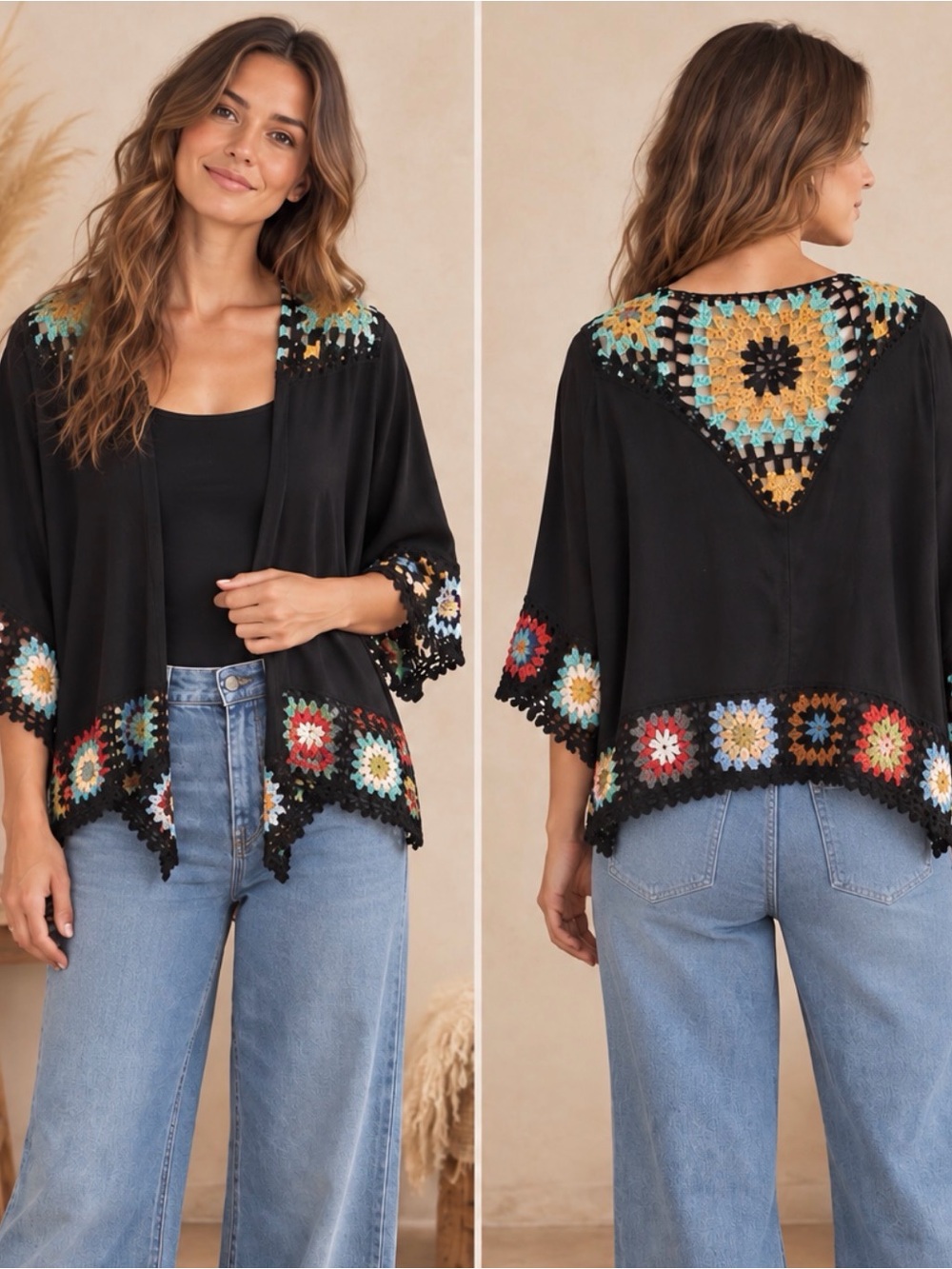 Umgee Boho Crochet-Trim Black Kimono (090878) ☮️ ☀️